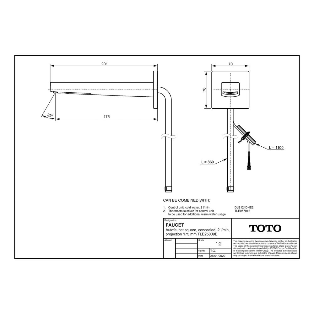 TOTO Automatik-Armaturenauslauf eckig Unterputz, 2 l/min, Ausladung 175mm, MS verchromt... TOTO-TLE25009E 4050663096519 (Abb. 2)