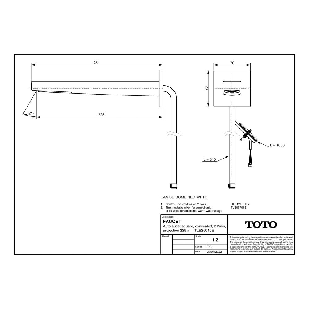 TOTO Automatik-Armaturenauslauf eckig Unterputz, 2 l/min, Ausladung 225mm, MS verchromt... TOTO-TLE25010E 4050663096526 (Abb. 2)