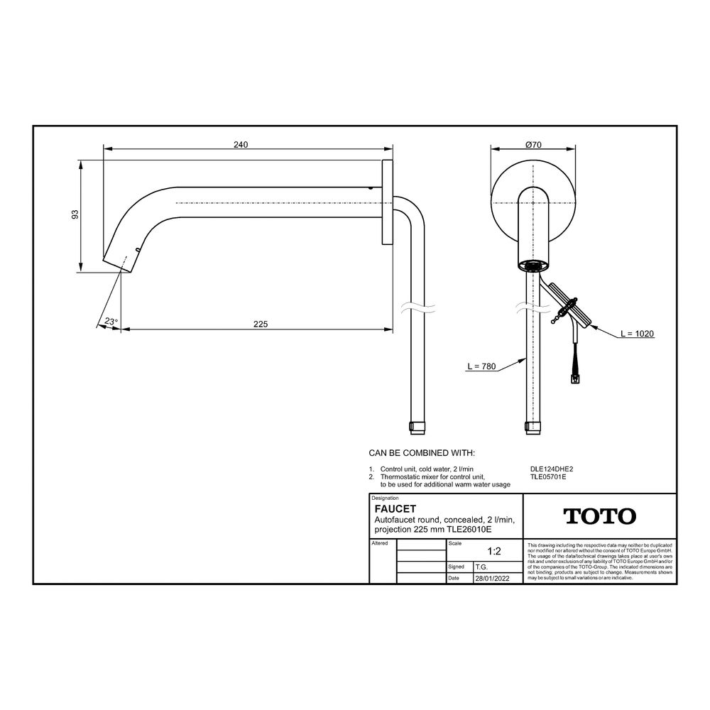 TOTO Automatik-Armaturenauslauf rund Unterputz, 2 l/min, Ausladung 225mm, MS verchromt,... TOTO-TLE26010E 4050663096571 (Abb. 2)