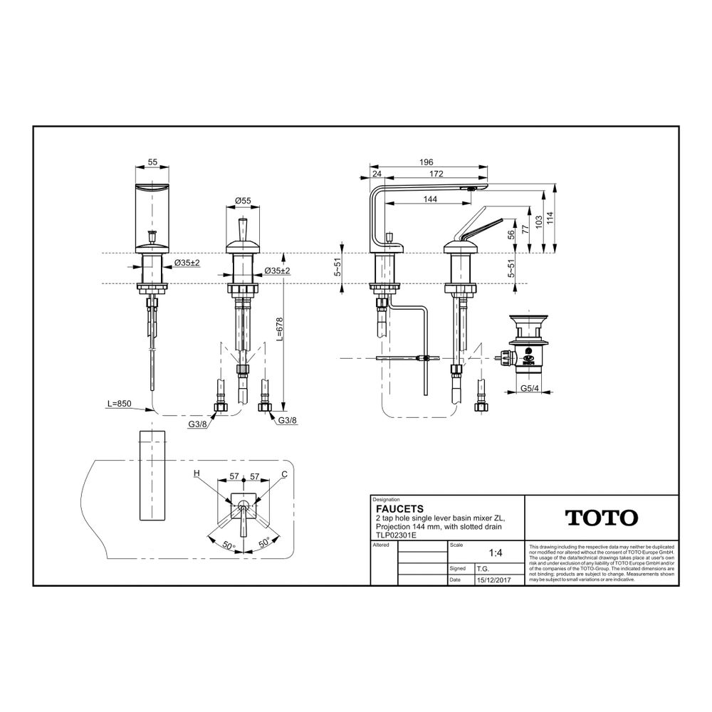 TOTO Zweiloch-Einhebel-Waschtischmischer, mittelhoch, Ausladung 144mm, mit Schaftventil... TOTO-TLP02301E 4050663094348 (Abb. 2)