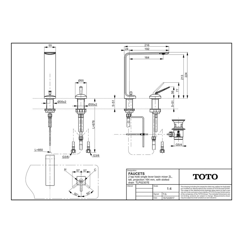 TOTO Zweiloch-Einhebel-Waschtischmischer, hoch, Ausladung 164mm, mit Schaftventil, Mess... TOTO-TLP02307E 4050663094362 (Abb. 2)