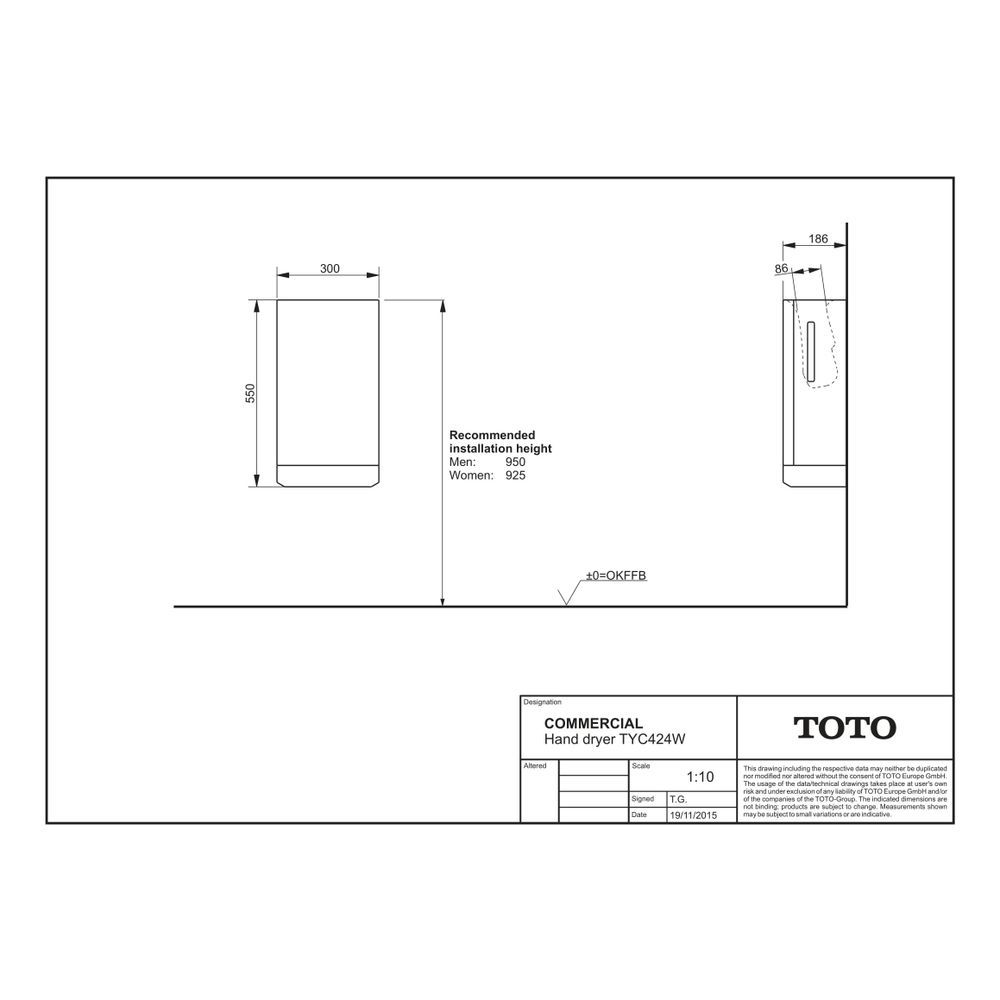 TOTO Public Elektronoischer Händetrockner sensorgesteuert, Breite 300mm, Wandmontage Aufp... TOTO-TYC424W 4050663092641 (Abb. 3)