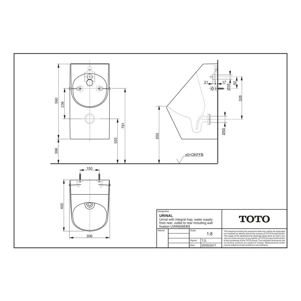TOTO Urinal mit angeformtem Geruchsverschluss, Wandmontage, Zulauf und Abgang hinten, K... TOTO-UWN926EBS 4050663094195 (Abb. 5)