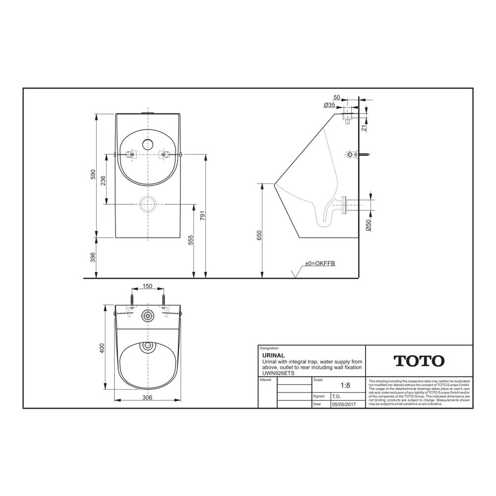 TOTO Urinal mit angeformtem Geruchsverschluss, Wandmontage, Zulauf von oben, Abgang hin... TOTO-UWN926ETS 4050663094201 (Abb. 5)