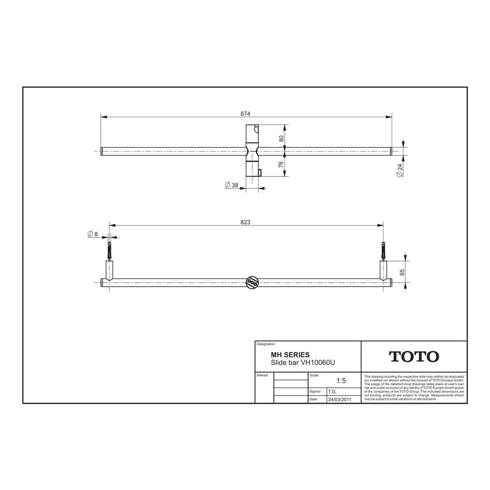 TOTO Brausestange mit Brausehalter, Durchmesser 24mm, Chrom, Wandmontage, Messing verchr... TOTO-VH10060U 4050663090609 (Abb. 2)