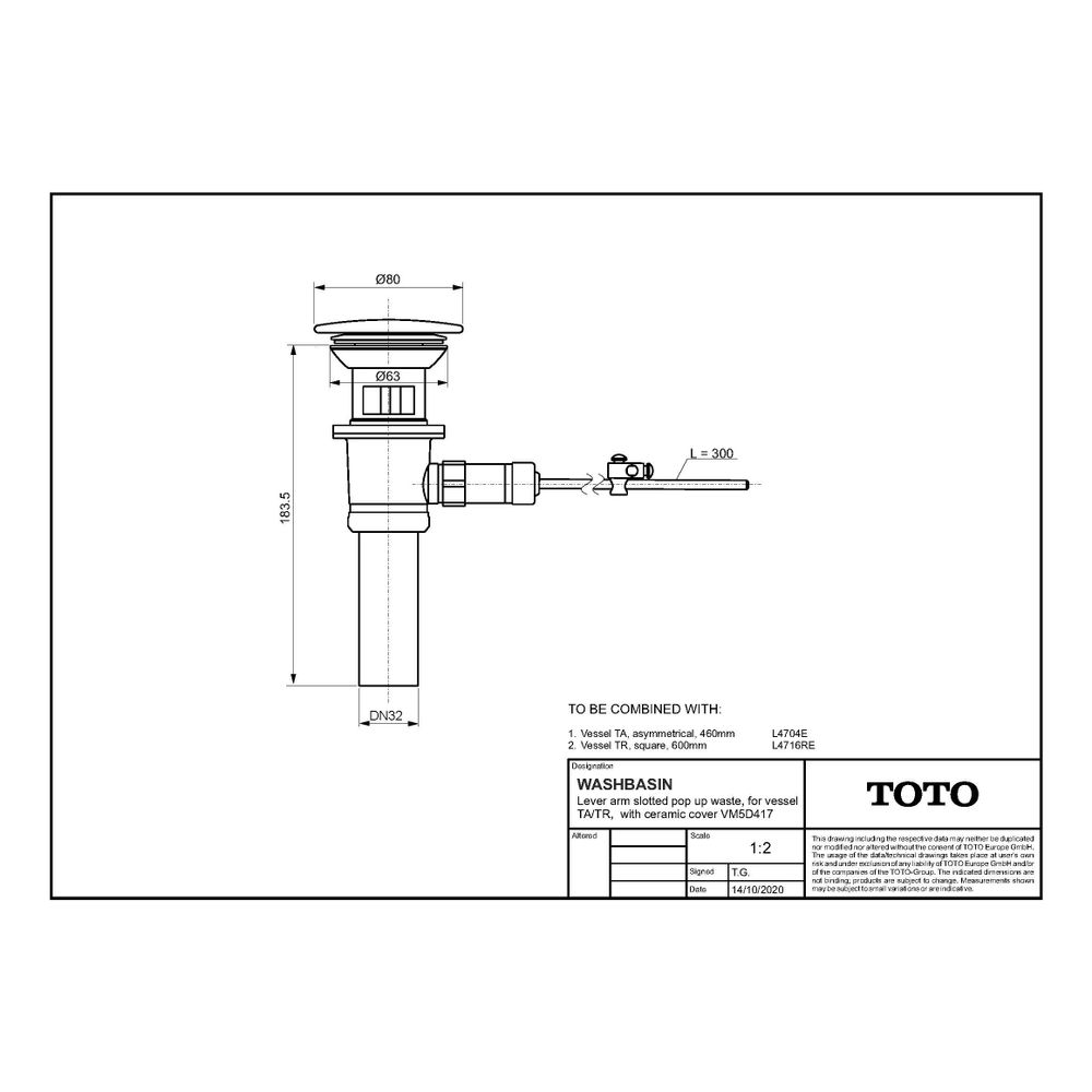 TOTO Ablaufventil mit Zugstange und Keramikabdeckung für Aufsatzwaschtische TA und TR, We... TOTO-VM5D417 4050663095406 (Abb. 2)