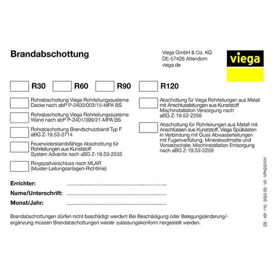 Viega Kennzeichnungsschild Brandschutz 4920.8 für Rohrdurchführung, 155x120mm
