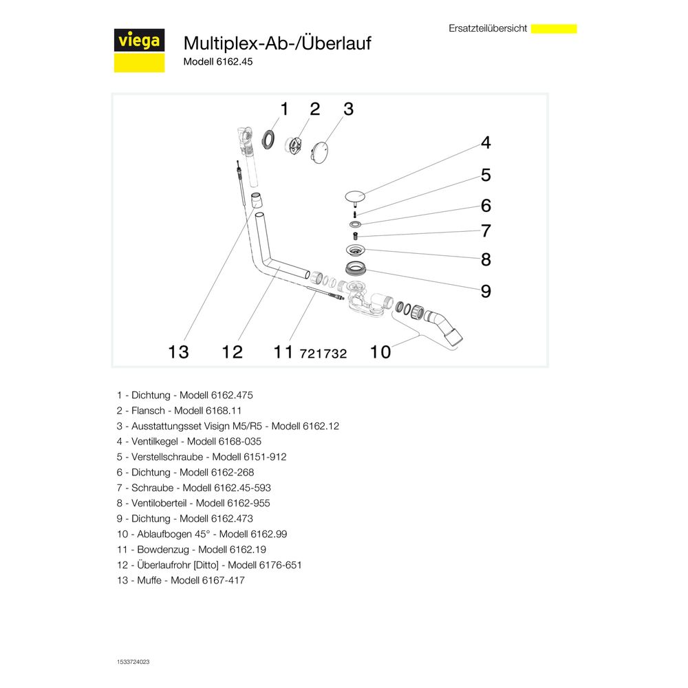 Viega Multiplex Ab- und Überlaufgarnitur 6162.45, DN 40/50, Bowdenzug-Länge 560mm, Länge/... VIEGA-101909 4015211101909 (Abb. 5)