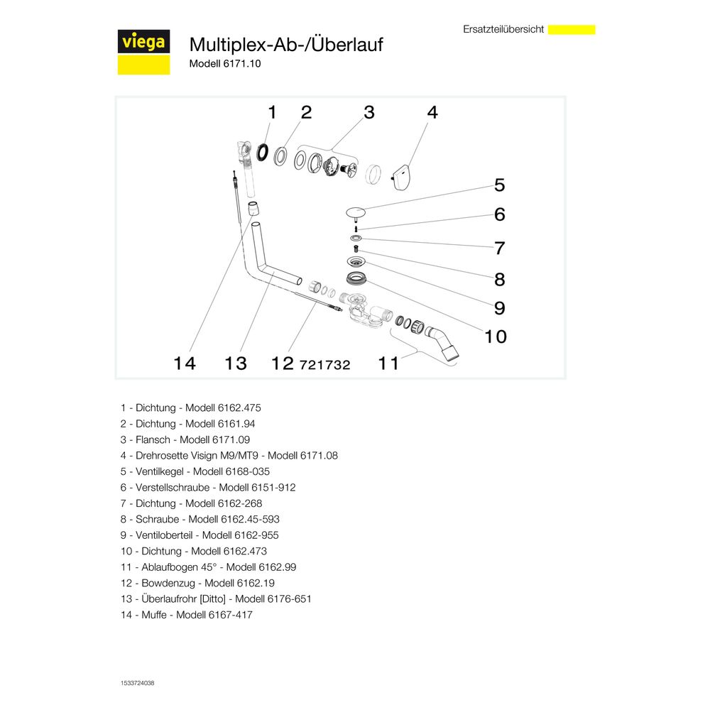 Viega Multiplex Ab- und Überlaufgarnitur 6171.10, DN 40/50, Bowdenzug-Länge 560mm, Länge/... VIEGA-724566 4015211724566 (Abb. 5)