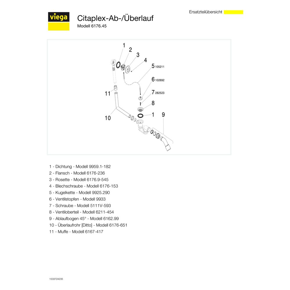 Viega Citaplex Ab- und Überlaufgarnitur 6176.45, Ablauf gebogen 45 Grad, DN 40/50, Chromn... VIEGA-101947 4015211101947 (Abb. 5)