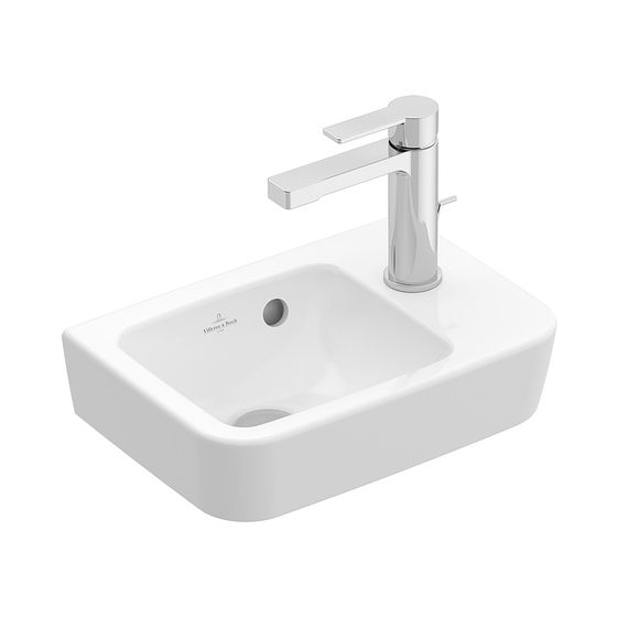 Villeroy & Boch Handwaschbecken Compact O.novo 360x250mm Eckig Beckenposition links, 1 Hahnloch mit Überlauf Weiß Alpin