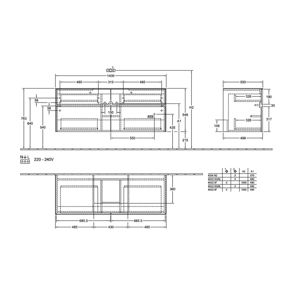 Villeroy & Boch Waschtischunterschrank Collaro 1400x548x500mm 4 Auszüge, Waschbecken... VILLEROY-C07300RH 4065467190080 (Abb. 3)