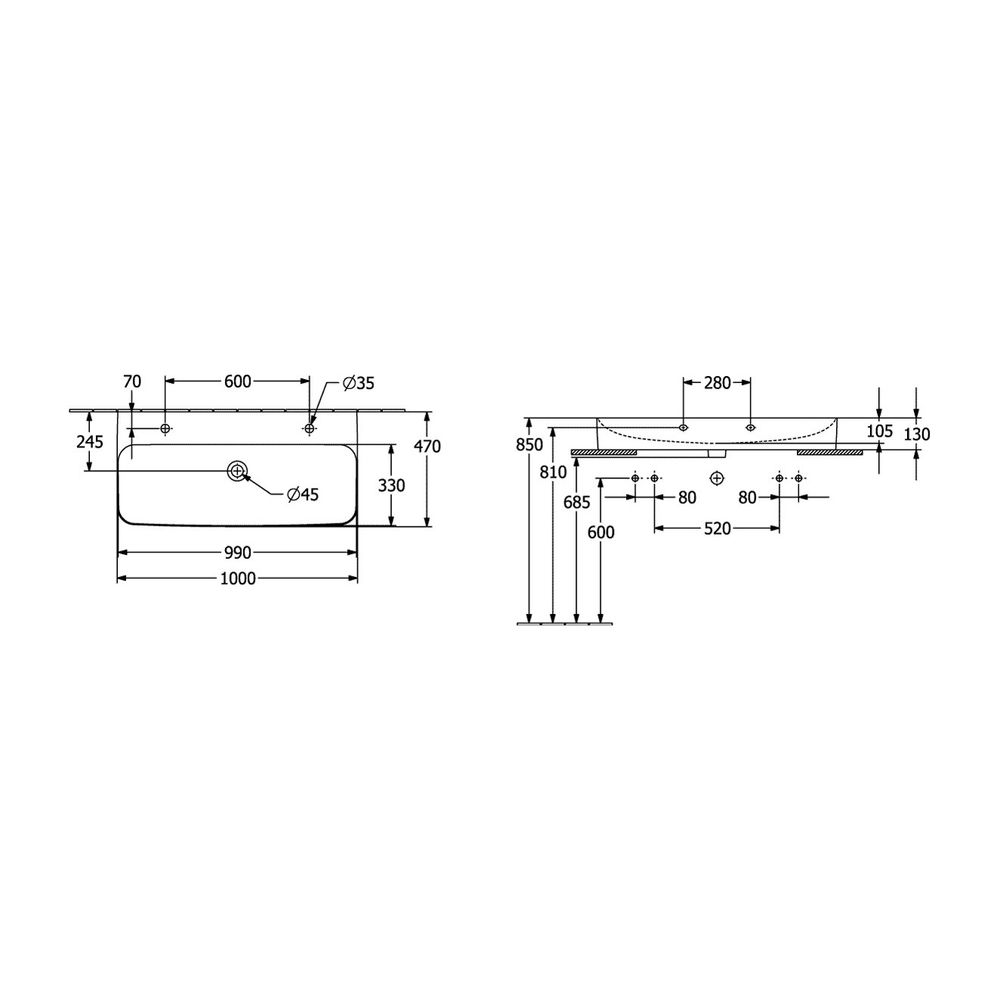 Villeroy & Boch Waschtisch Finion 1000x470mm rechteckig 2 Hahnlöcher ohne Überlauf g... VILLEROY-41681LR1 4051202557041 (Abb. 3)