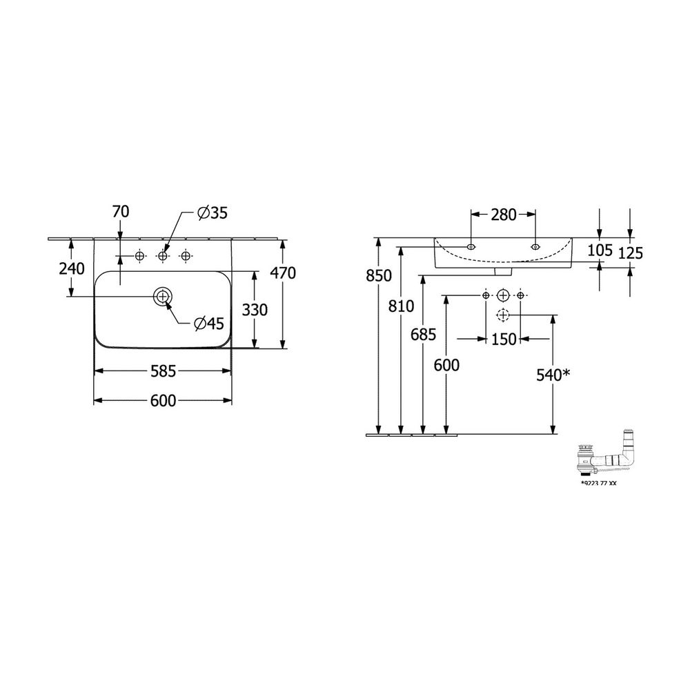 Villeroy & Boch Waschbecken Finion 600x470mm Rechteck 1 Hahnloch mit verdecktem Über... VILLEROY-416864R1 4051202551773 (Abb. 3)