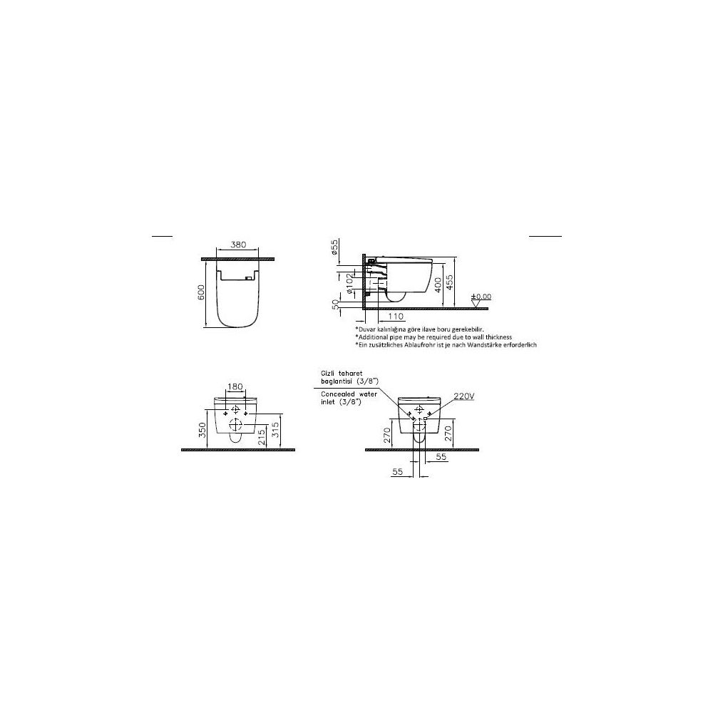 Vitra V-Care Dusch-Wand-WC 1.1 Comfort spülrandlos, 380x600mm, Sanitärkeramik, Vit... VITRA-5674B403-6196 8693405579053 (Abb. 2)
