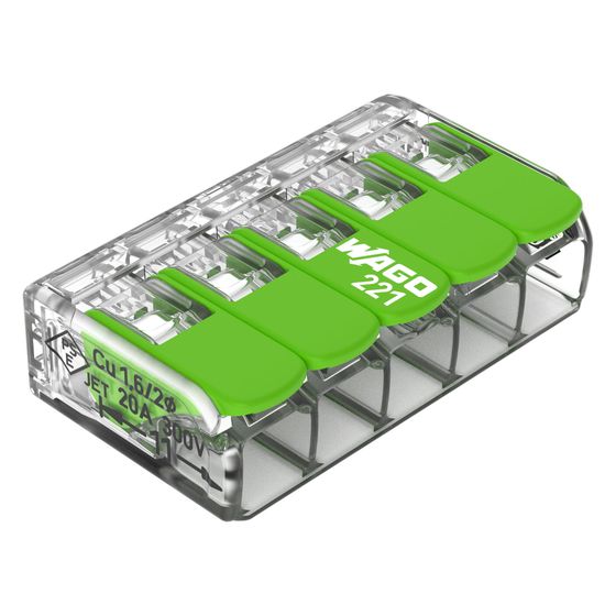 Wago Verbindungsklemme 221 5-Leiter, 0,2-4mm2, Polycarbonat, Transparent, 221-425