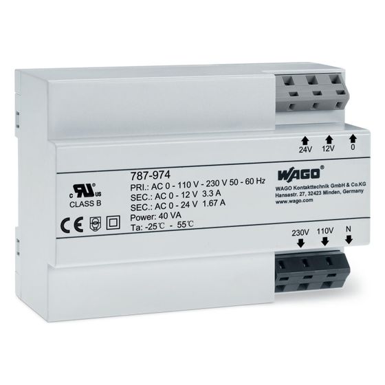Wago Sicherheitstrafo, 40 VA, 12/24 V, 126x90x54mm
