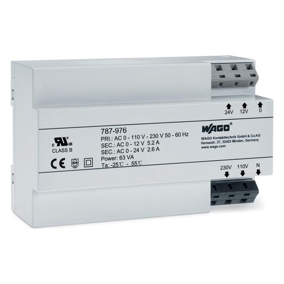Wago Sicherheitstrafo, 63 VA, 12/24 V, 144x60x54mm, IP20