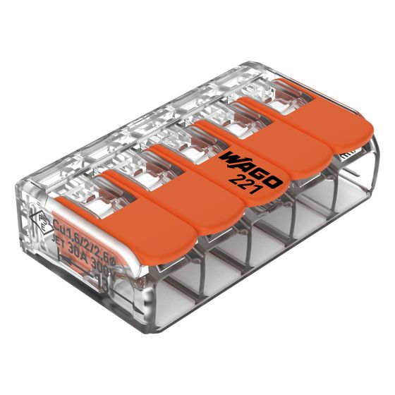 Wago Verbindungsklemme 221-615 COMPACT 5-Leiter, 0,5-6mm2, Polycarbonat, Transparent/Orange