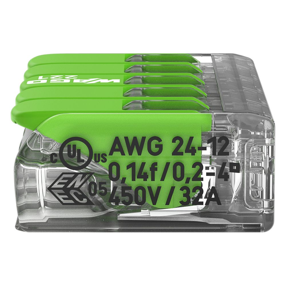 Wago Verbindungsklemme 221 5-Leiter, 0,2-4mm2, Polycarbonat, Transparent, 221-425... WAGO-221-425 4066966345285 (Abb. 12)