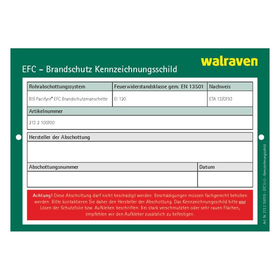 Walraven Pacifyre Kennzeichnungsschild EFC, für Wand und Decke