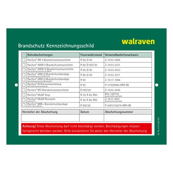 Walraven Pacifyre Kennzeichnungsschild, 105x148x1mm beidseitig für Wand und Decke