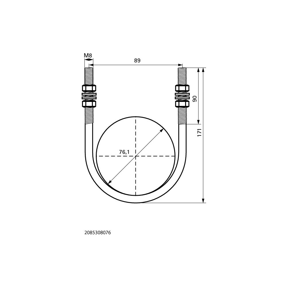 Walraven Rundstahlbügel lang, Durchmesser 76,1mm 2 1/2" Gewinde M8, inkl. 4x Mutte... WALRAVEN-2085308076 8712993622535 (Abb. 4)