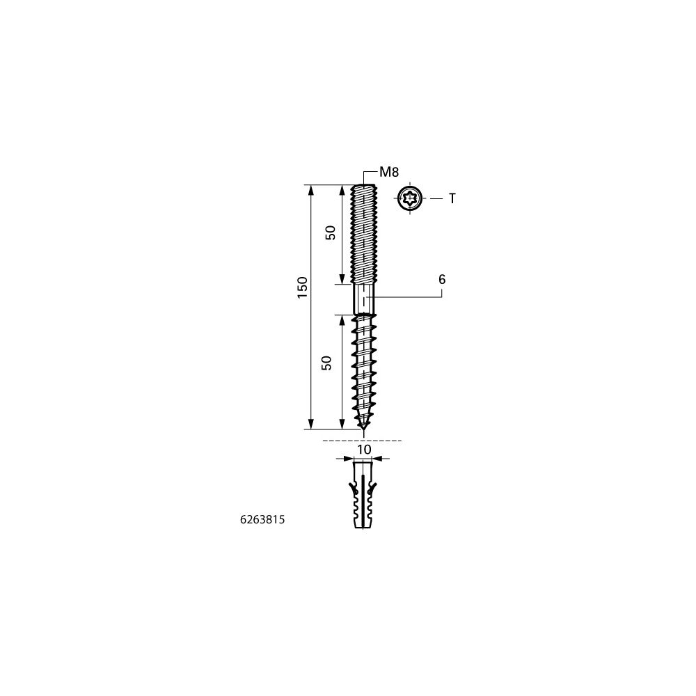Walraven Stockschraube M8x150mm, mit Sechskant SW6 und Sechsrund T25, elektrolytisch ... WALRAVEN-6263815 8712993003037 (Abb. 6)