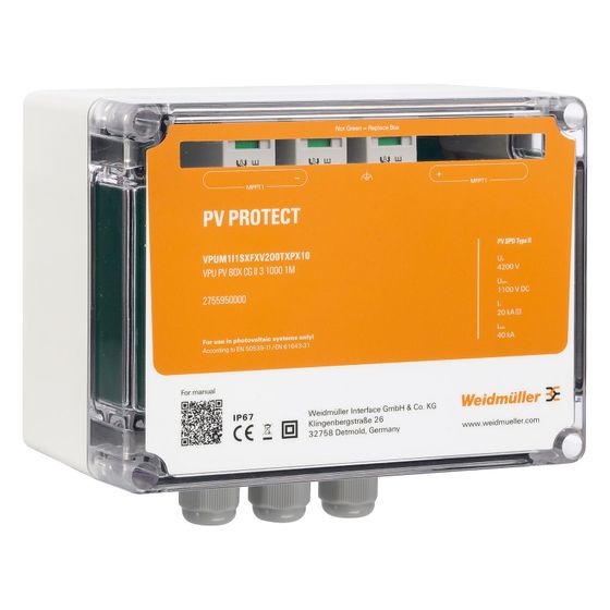 Weidmüller PV Protect Überspannungsbox VPUM1I1SXFXV1O0TXPX10, 1100V, 1MPP, 1E, Typ I+II, 168x145x91mm, Kunststoff, Grau