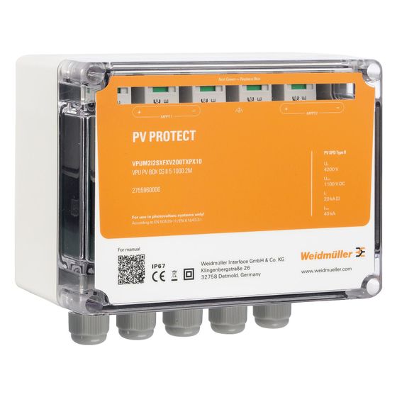 Weidmüller PV Protect Überspannungsbox VPUM2I2SXFXV1O0TXPX10, 1100V, 168x145x91mm, Kunststoff, Grau