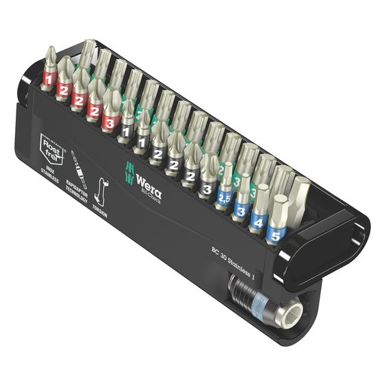 Wera Bit-Check 30 Stainless 1, 30-teilig, Edelstahl, Hex-Plus, Rapidaptor-Schnellwechselfutter, Torsionszone