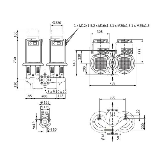 Wilo Trockenläufer-Hocheffizienz-Doppelpumpe Stratos GIGA-D 50/4-62/15 DN50 15kW