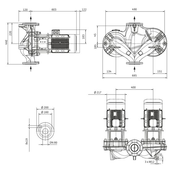 Wilo Atmos GIGA D Trockenläufer-Standard-Doppelpumpe 80/165-3/4, 400V, DN 80, PN 16, 3kW