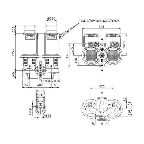 Wilo Trockenläufer-Hocheffizienz-Doppelpumpe Stratos GIGA-D 65/4-57/18,5 DN65 18.5kW