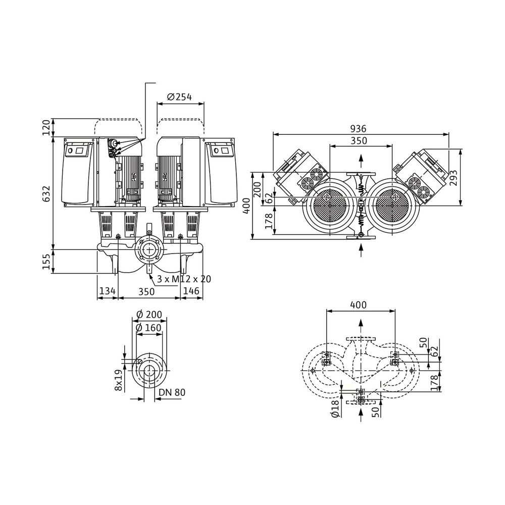 Wilo Trockenläufer-Energiespar-Doppelpumpe DL-E 80/140-7,5/2 DN80 7,5kW... WILO-2159418 4048482664453 (Abb. 2)