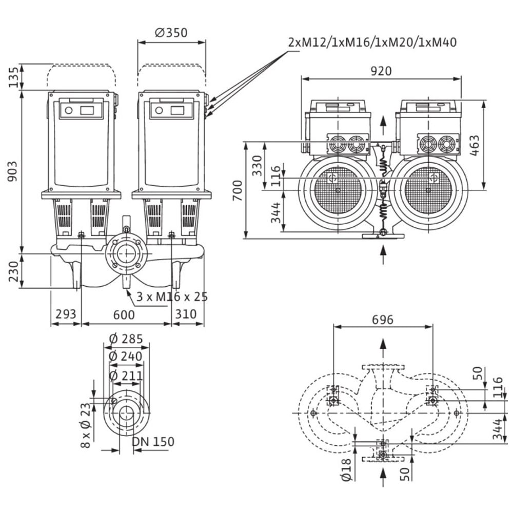 Wilo Trockenläufer-Energiespar-Doppelpumpe DL-E 150/250-15/4, DN150, 15kW... WILO-2153823 4048482553139 (Abb. 4)