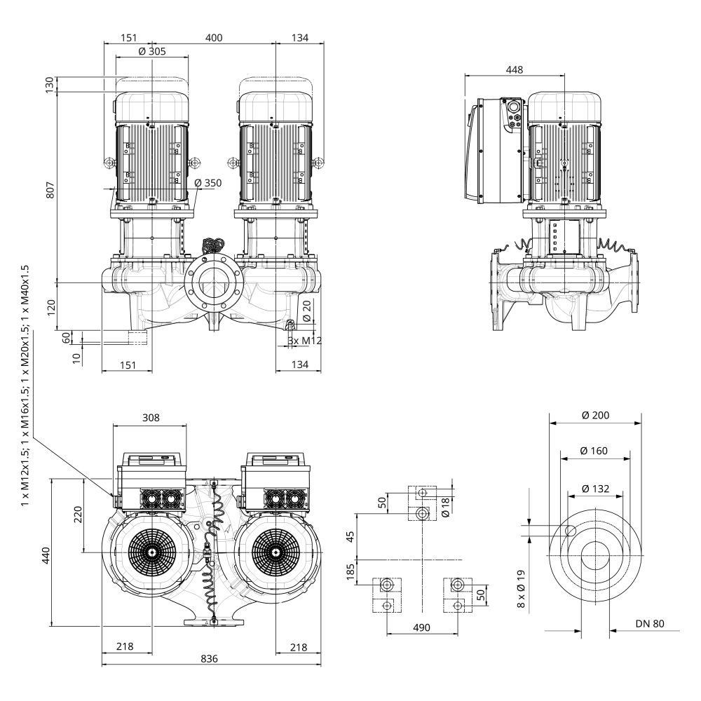 Wilo CronoTwin DL-E Trockenläufer-Energiespar-Doppelpumpe 80/150-18,5/2-S1, 400V, DN 80, ... WILO-2222993 4062679358468 (Abb. 2)