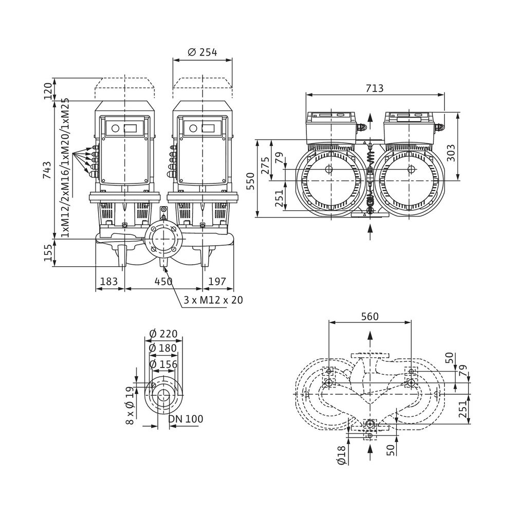 Wilo Trockenläufer-Energiespar-Doppelpumpe DL-E 100/220-5,5/4-R1 DN100 5,5kW... WILO-2159468 4048482664637 (Abb. 2)