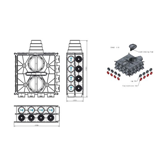 Wolf Luftverteiler DN 125-180 16 Stutzen DN 75 mit 4 Verschlusskappen