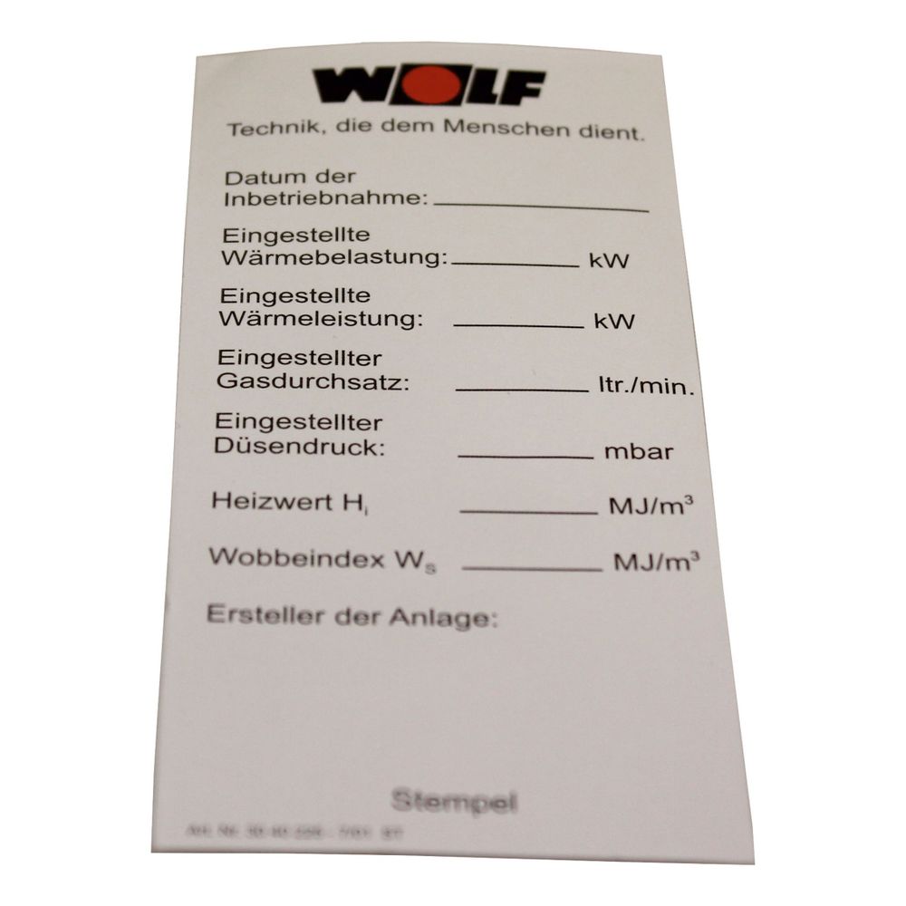 Wolf Aufkleber Einstellwerte für NG/GU/GG... WOLF-3040225 4045013565128 (Abb. 1)