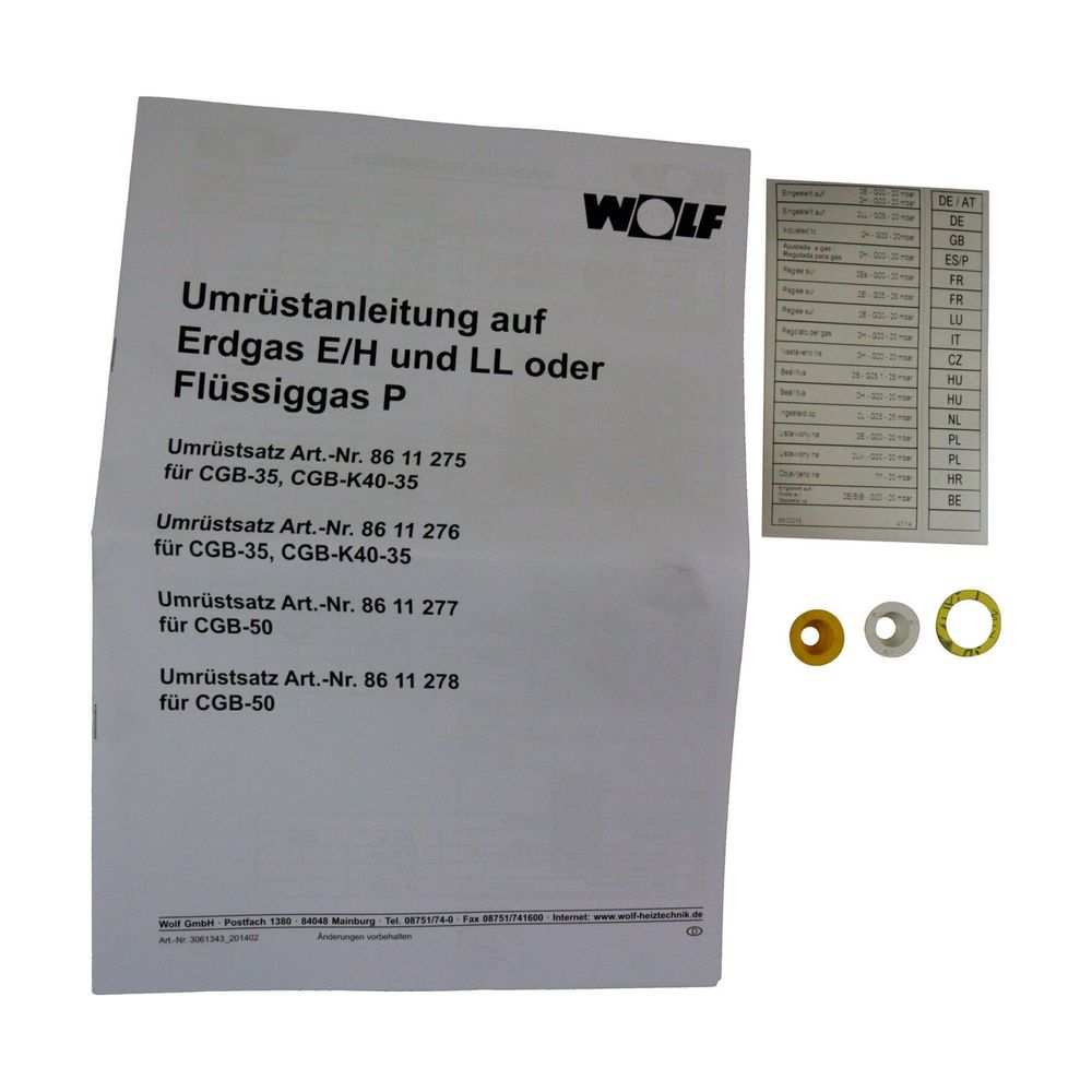 Wolf Umrüstsatz Flüssiggas - Erdgas E/LL und Erdgas E - LL, für CGB-(K)-35... WOLF-8611275 4045013048997 (Abb. 1)