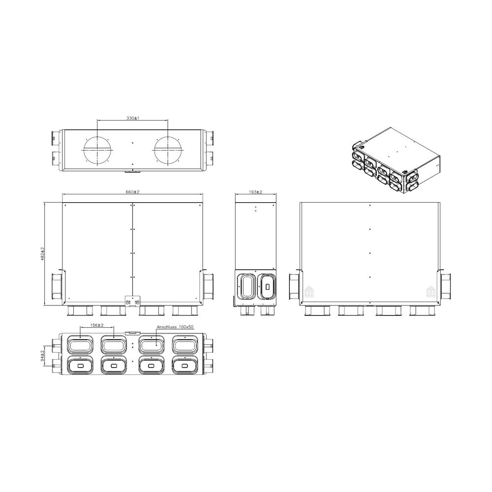 Wolf Luftverteiler DN 125 für CWL-F-150 6 Stutzen 50x100 mit 3 Rohrkappen... WOLF-2577430 4045013211162 (Abb. 2)