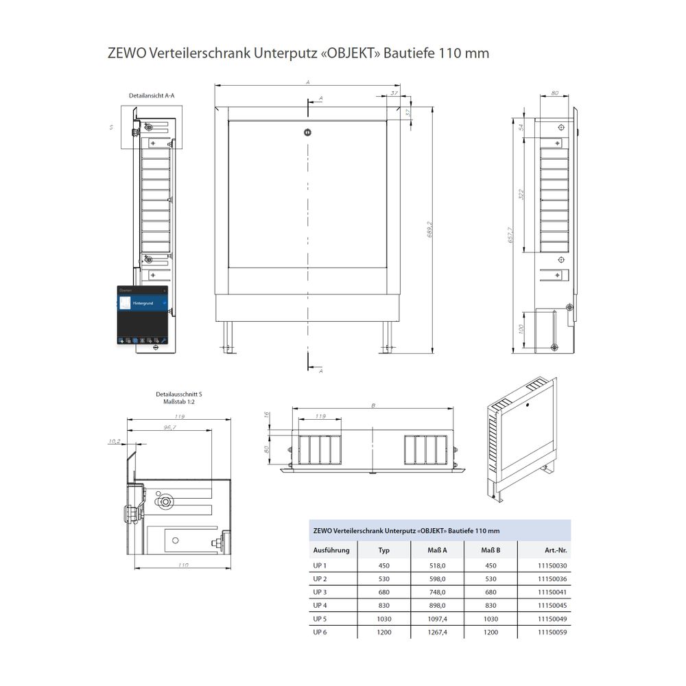 Zewotherm Verteilerschrank Objekt Unterputz 6 1200mm breit, 15 Heizkreise... ZEWOTHERM-11150059 4251346808256 (Abb. 2)