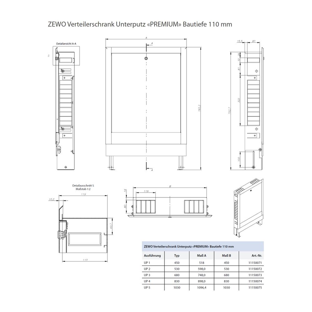 Zewotherm Verteilerschrank Premium Unterputz 6 1200mm breit, 13-15 Heizkreise inklu... ZEWOTHERM-11150076 4251346856875 (Abb. 2)